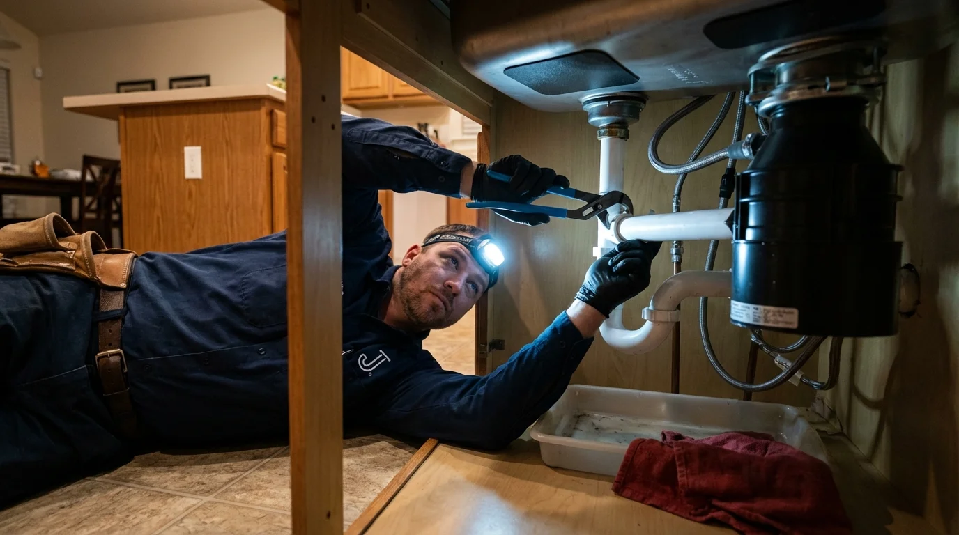 P-trap and supply line connections under a kitchen sink showing a common leak point in Estero, FL